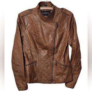 Vintage Guess Los Angeles Brown Faux Leather Moto Jacket Size Medium